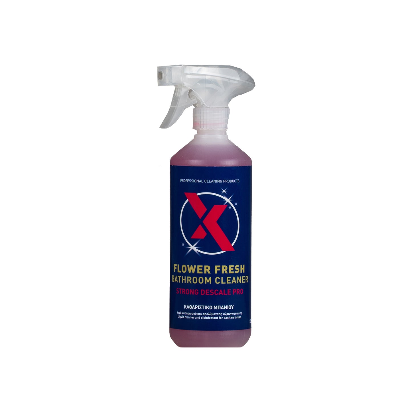 FLOWER FRESH BATHROOM CLEANER Strong Descale Pro ΚΑΘΑΡΙΣΤΙΚΟ ΜΠΑΝΙΟΥ Υγρό καθαρισμού και απολύμανσης χώρων υγειηνής. Liquid cleaner and disinfectant for sanitary areas.
